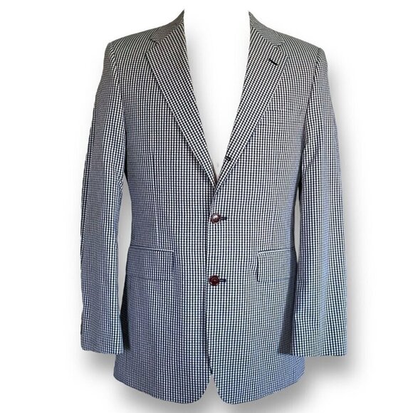 Orvis Mens Sport Coat Jacket 38R Navy Blue Beige Gingham Cotton Blend Two Button